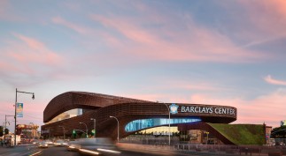 Barclays Center:  View from Atlantic and Flatbush Avenues at Dusk.