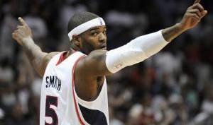 Hawks forward Smith reacts after a shot in the first half during their game against the Celtics in Game One of their NBA Eastern Conference Playoffs basketball game in Atlanta