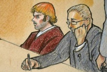A courtroom sketch of the second court appearance of James Holmes, accused of the July 20, 2012 theater shootings, at his second court appearance with his public defender attorney Daniel King in Centennial, Colorado