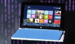 A Microsoft Surface tablet PC is displayed on a stand during its launch event with Microsoft Windows 8 in New York