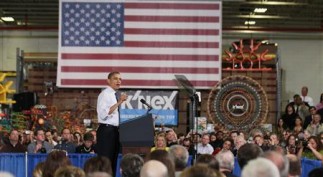 U.S. President Obama speaks at the Rodon Group, a manufacturer of toys in Hatfield