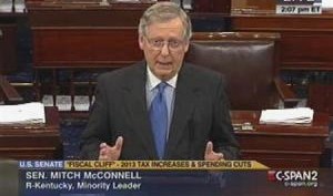 U.S. Senate Minority Leader Mitch McConnell addresses the Senate during an unusual session in Washington